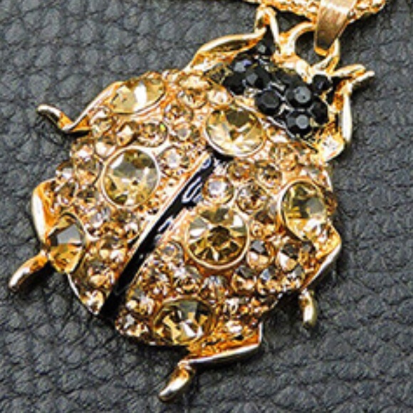 Ladybug Beetle Necklace, Beetle, Ladybird Color-Gold Plated Crystal Rhinestone - Picture 6 of 8